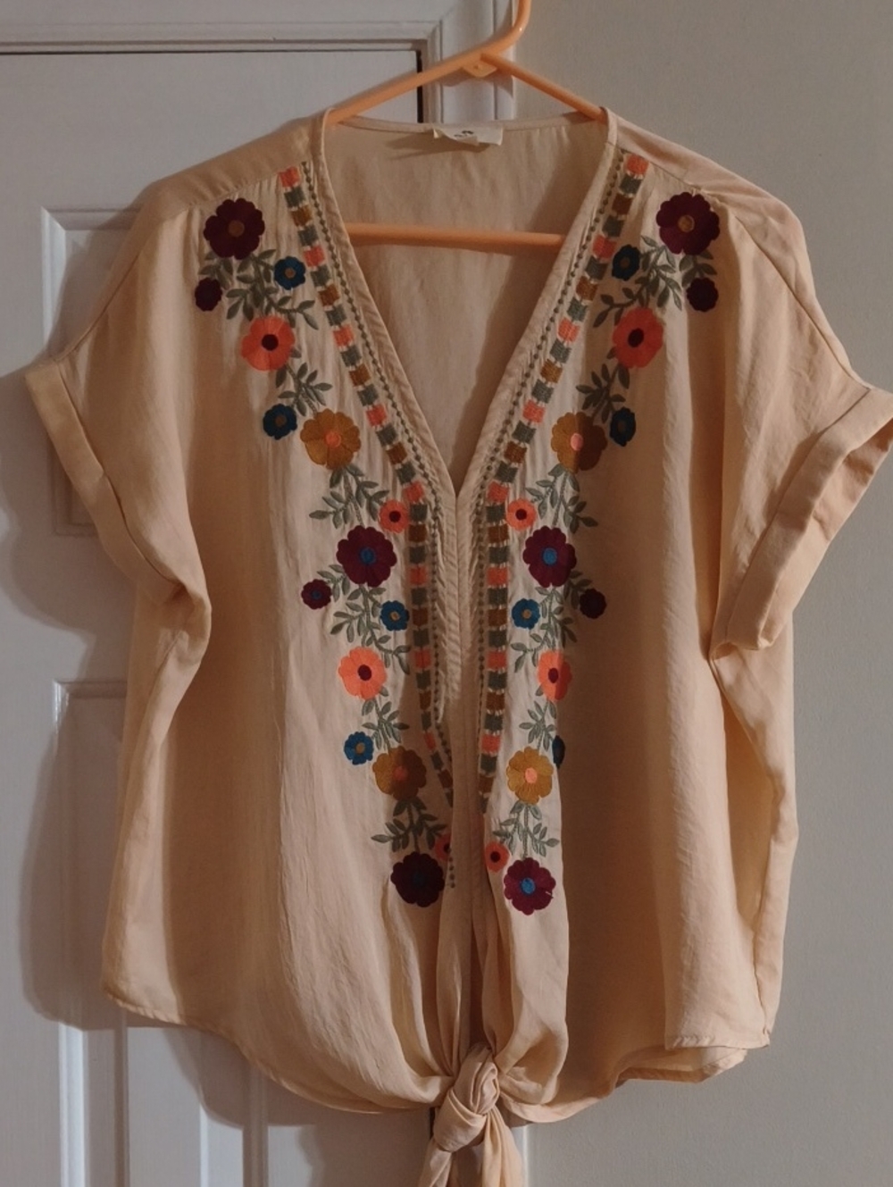 entro Cream Embroidered Tie-Front Blouse with Multicolor Floral Motif